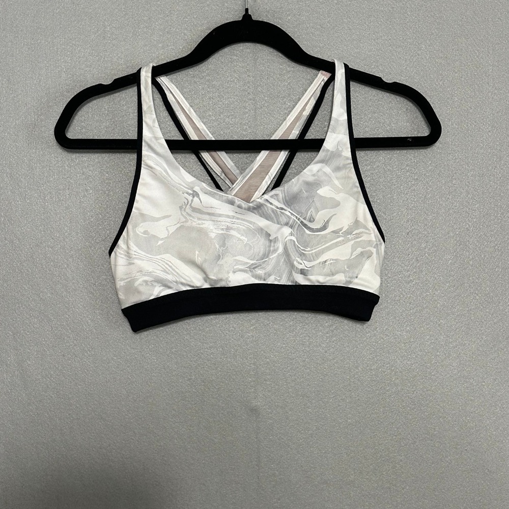 Athleta‎ Marble Print Strappy Crisscross Back Sports Bra White Grey Black XXS